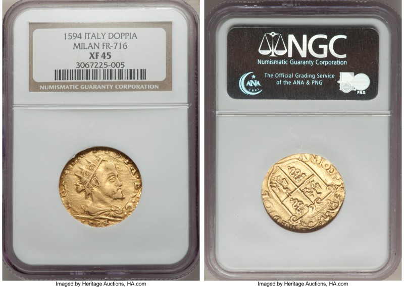 Milan. Philip II gold Doppia 1594 XF45 NGC, Fr-716. Only light evidence of handl...
