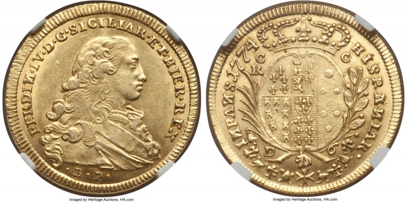 Naples & Sicily. Ferdinand IV gold 6 Ducati 1774/5 BP//CC-R MS63 NGC, Naples min...