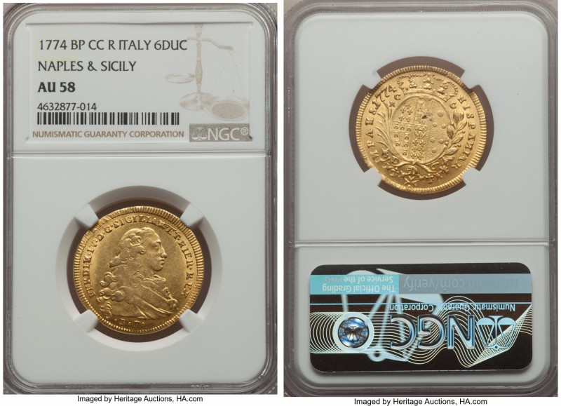 Naples & Sicily. Ferdinand IV gold 6 Ducati 1774 BP//CC-R AU58 NGC, Naples mint,...