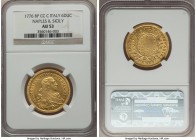 Naples & Sicily. Ferdinand IV gold 6 Ducati 1776 BP//CC-C AU53 NGC, KM176, Fr-849. Struck on a renowned date and a solid representative of a highly so...