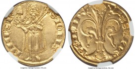 Papal States. Urban V (1362-1370) gold Florin ND AU55 NGC, Avignon mint, 3.51gm, Fr-29, B-201. (Papal keys mm) SAИT | PETRИ, large fleur-de-lis / S • ...