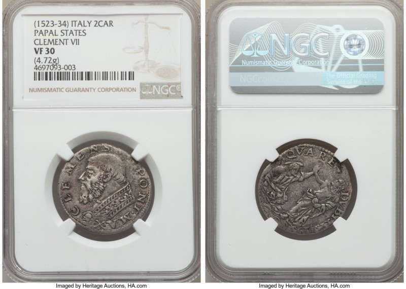 Papal States. Clement VII (1523-1534) Double Carlino ND VF30 NGC, 4.72gm, B-841....