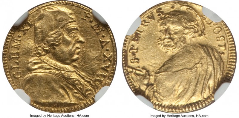 Papal States. Clement XI gold 1/2 Scudo d'Oro Anno XVII (1717) MS61 NGC, KM768.
...