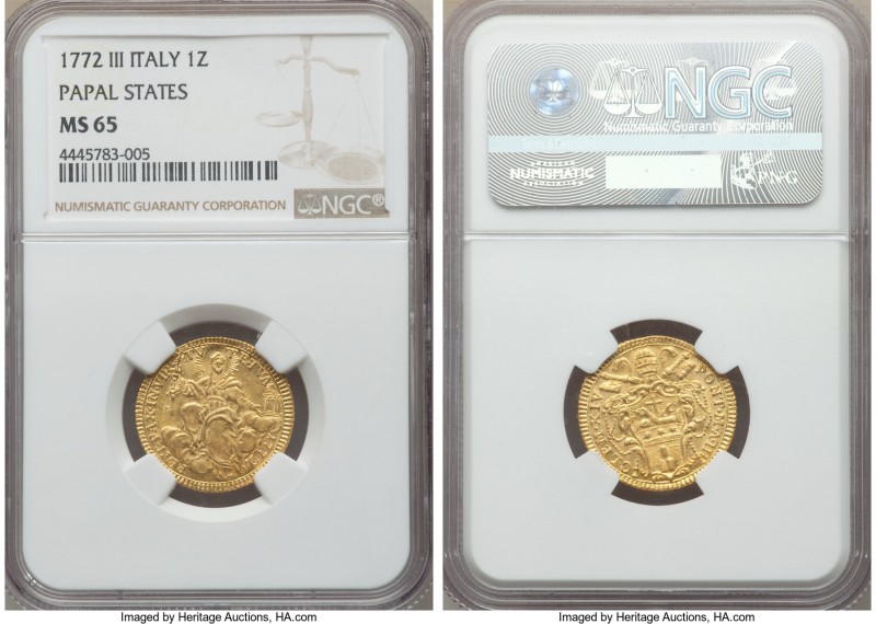 Papal States. Clement XIV gold Zecchino 1772-III MS65 NGC, Rome mint, B-2928, KM...
