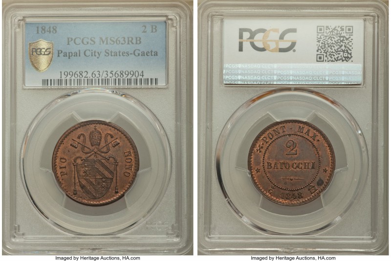 Papal States - Gaeta. Private Fantasy 2 Baiocchi 1848-G MS63 Red and Brown PCGS,...