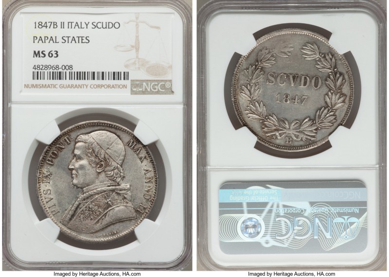Papal States. Pius IX Scudo Anno II (1847)-B MS63 NGC, Rome mint, KM1336.1. Full...