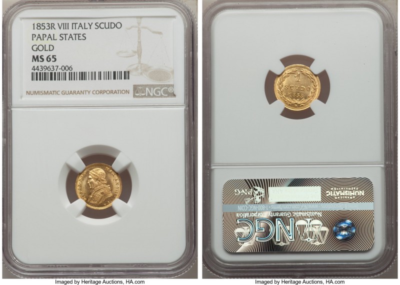 Papal States. Pius IX gold Scudo Anno VIII (1853)-R MS65 NGC, Rome mint, KM1358....