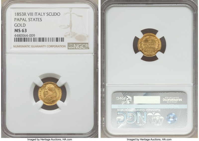 Papal States. Pius IX gold Scudo Anno VIII (1853)-R MS63 NGC, Rome mint, KM1358....