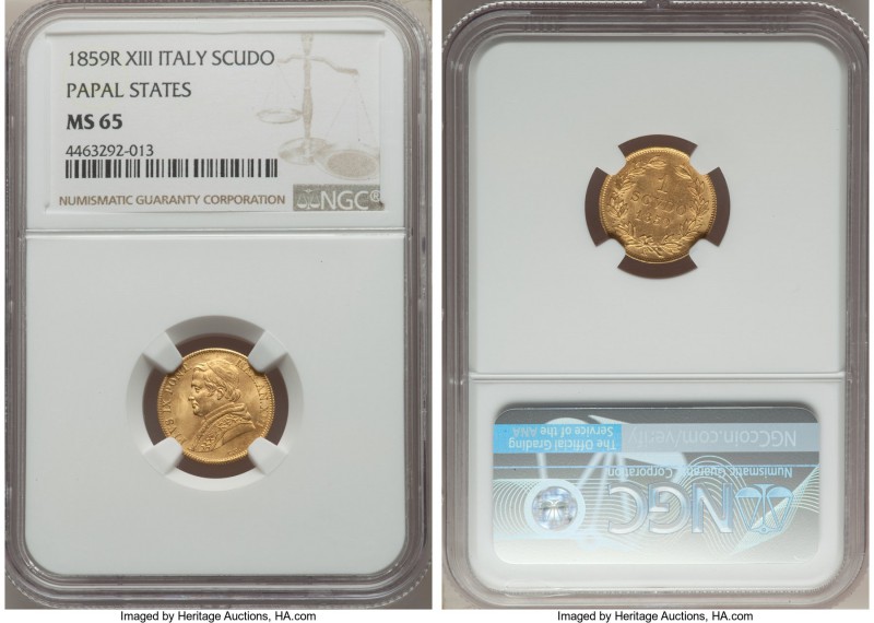 Papal States. Pius IX gold Scudo Anno XIII (1859)-R MS65 NGC, Rome mint, KM1361....