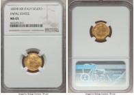 Papal States. Pius IX gold Scudo Anno XIII (1859)-R MS65 NGC, Rome mint, KM1361. Boldly struck and displaying an impressive amount of definition for t...