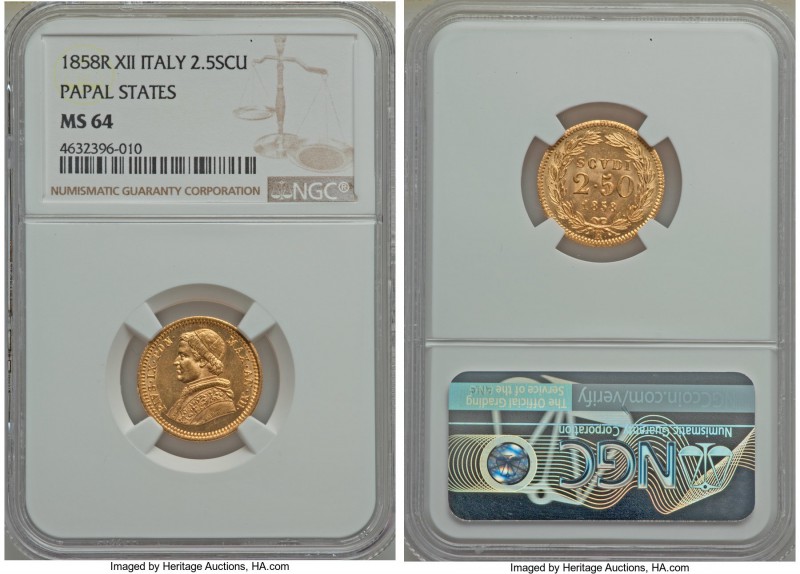 Papal States. Pius IX gold 2-1/2 Scudi Anno XII (1858)-R MS64 NGC, Rome mint, KM...