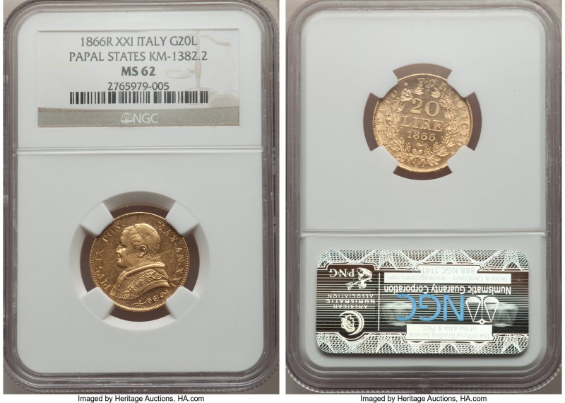 Papal States. Pius IX gold 20 Lire Anno XXI (1866)-R MS62 NGC, Rome mint, KM1382...