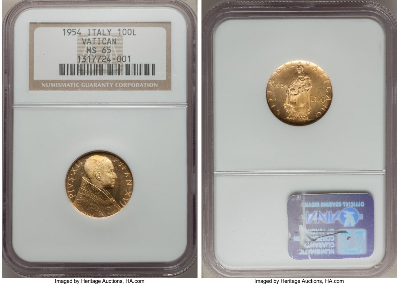 Papal States. Pius XII gold 100 Lire Anno XVI (1954) MS65 NGC, KM53.1. A shimmer...
