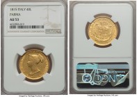 Parma. Maria Luigia (Maria Louise) gold 40 Lire 1815 AU53 NGC, KM-C32. An iconic Italian gold type produced at the tail end of the Napoleonic period, ...