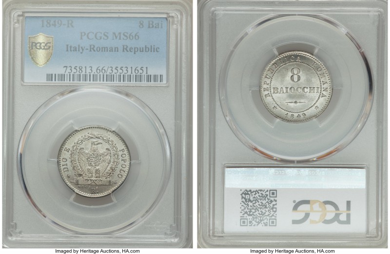 Roman Republic 8 Baiocchi 1849-R MS66 PCGS, Rome mint, KM25. The absolute finest...