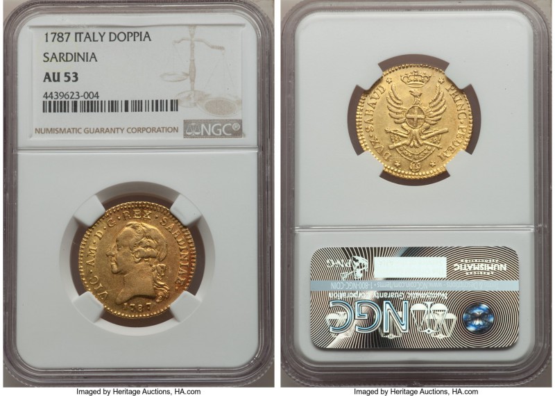 Sardinia. Vittorio Amedeo III gold Doppia 1787 AU53 NGC, Turin mint, KM86. Some ...