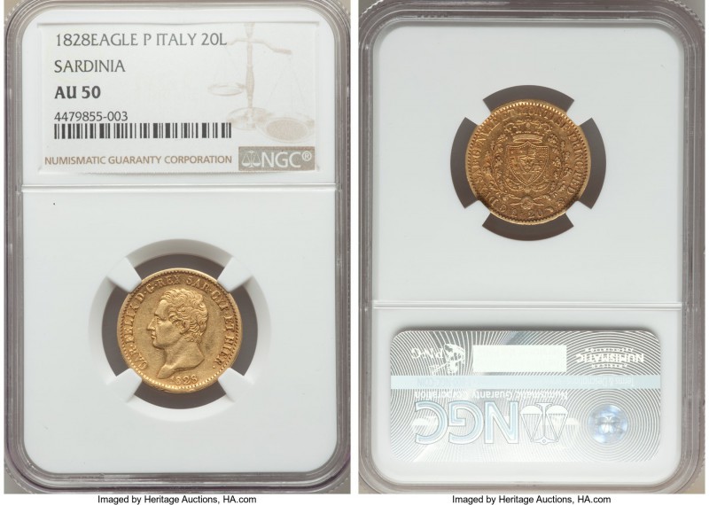 Sardinia. Carlo Felice gold 20 Lire 1828 (Eagle)-P AU50 NGC, Turin mint, KM118.1...