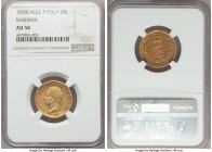 Sardinia. Carlo Felice gold 20 Lire 1828 (Eagle)-P AU50 NGC, Turin mint, KM118.1. Evincing light and even wear, the integral features of the design pr...
