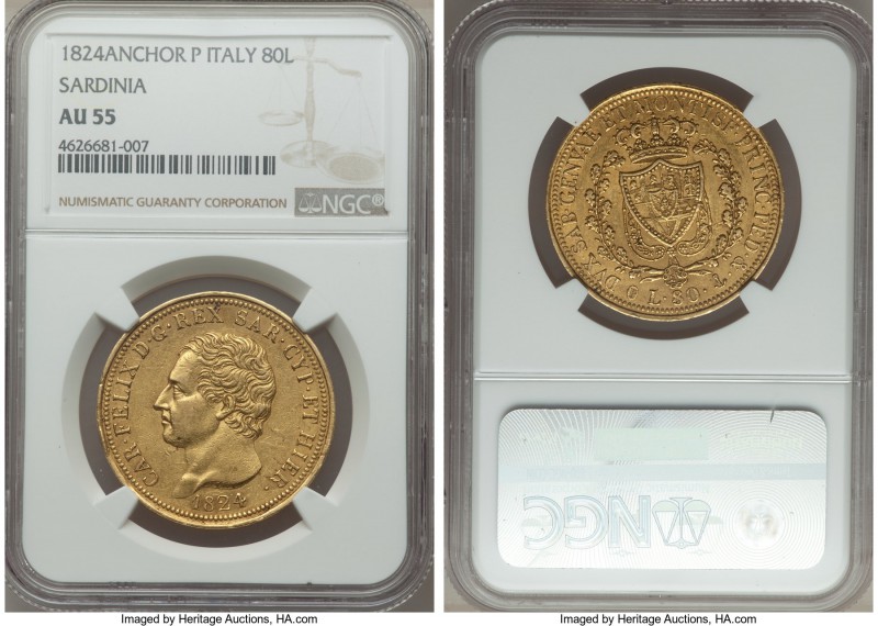 Sardinia. Carlo Felice gold 80 Lire 1824 (Anchor)-P AU55 NGC, Genoa mint, KM123....