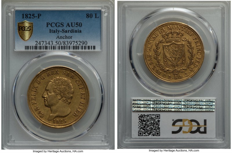 Sardinia. Carlo Felice gold 80 Lire 1825 (Anchor)-P AU50 PCGS, Genoa mint, KM123...