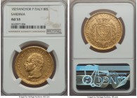 Sardinia. Carlo Felice gold 80 Lire 1829 (Anchor)-P AU53 NGC, Genoa mint, KM123.2. Bold mint luster is preserved in the protected regions around the m...
