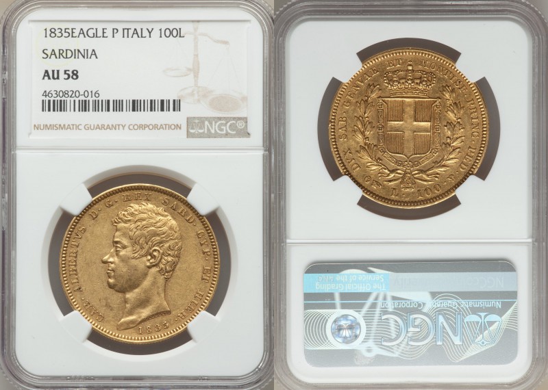 Sardinia. Carlo Alberto gold 100 Lire 1835 (Eagle)-P AU58 NGC, Turin mint, KM133...