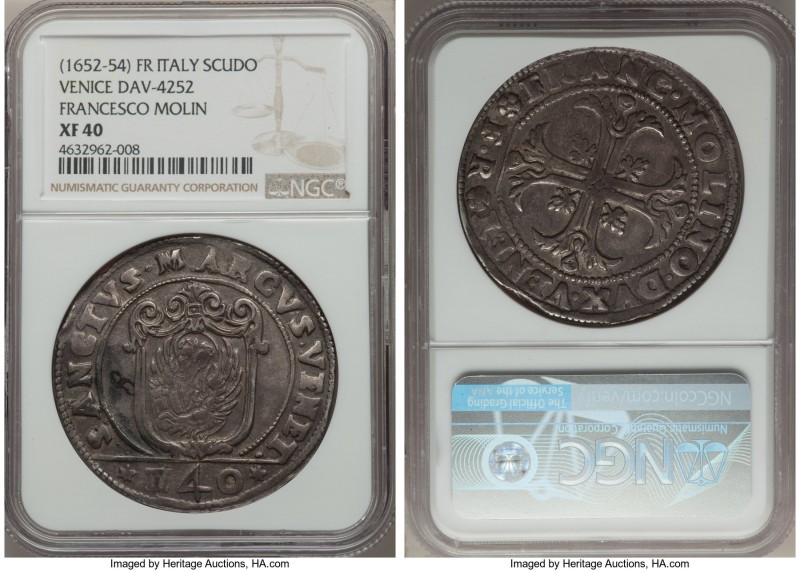 Venice. Francesco Molin Scudo ND (1652-1654)-FR XF40 NGC, KM209, Dav-4252. Steel...