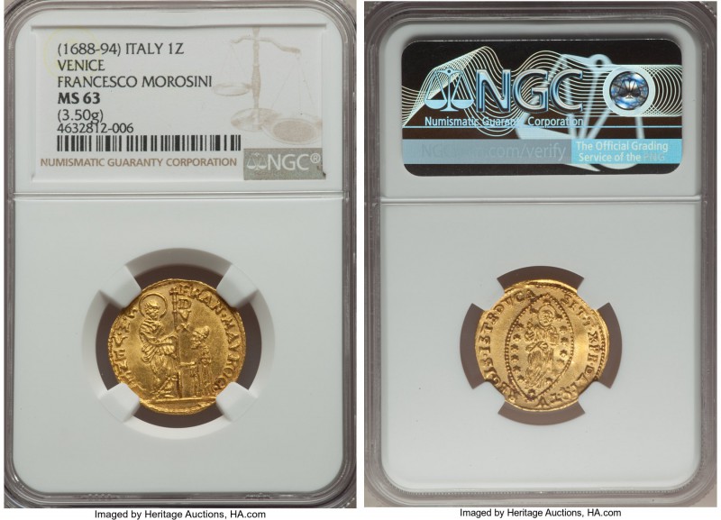 Venice. Francesco Morosini (1688-1694) gold Zecchino ND MS63 NGC, 3.50gm, KM402,...
