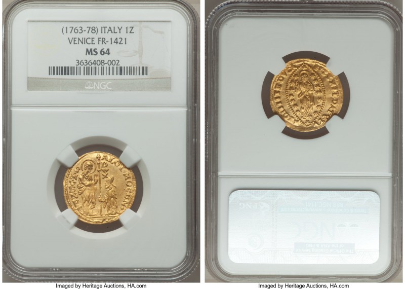 Venice. Alvise Mocenigo IV (1763-1778) gold Zecchino ND MS64 NGC, KM671, Fr-1421...