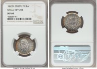 Vittorio Emanuele II Lira 1863 M-BN MS66 NGC, Milan mint, KM5a.1. Presently tied for the finest certified by NGC, mottled with handsome rainbow tone a...