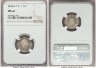 Umberto I 50 Centesimi 1889-R MS63 NGC, Rome mint, KM26. Strikingly reflective and glossy in the fields, the bust of the king lightly frosted and only...