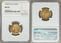 Vittorio Emanuele III gold 20 Lire 1905-R MS62 NGC, Rome mint, KM37.1. A very appealing example despite some minor handling, the surfaces a watery yel...