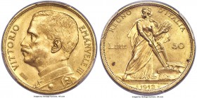 Vittorio Emanuele III gold 50 Lire 1912-R MS63 PCGS, Rome mint, KM49. A few scattered hairlines and two carbon spots noted on the reverse, but otherwi...
