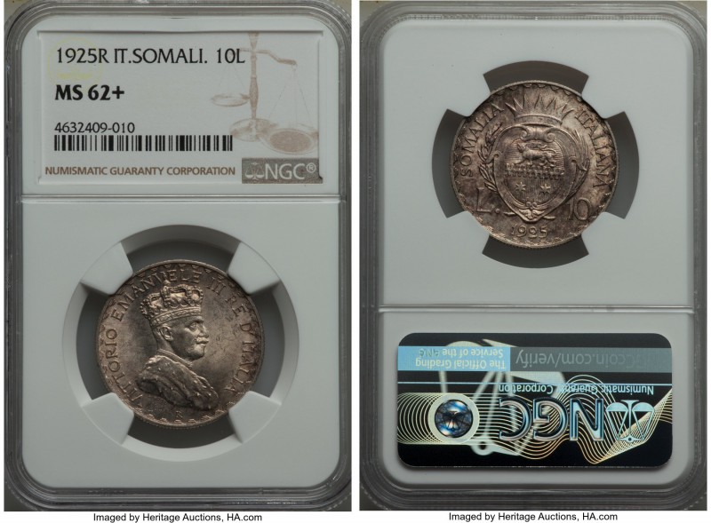 Italian Colony. Vittorio Emanuele III 10 Lire 1925-R MS62+ NGC, Rome mint, KM8. ...