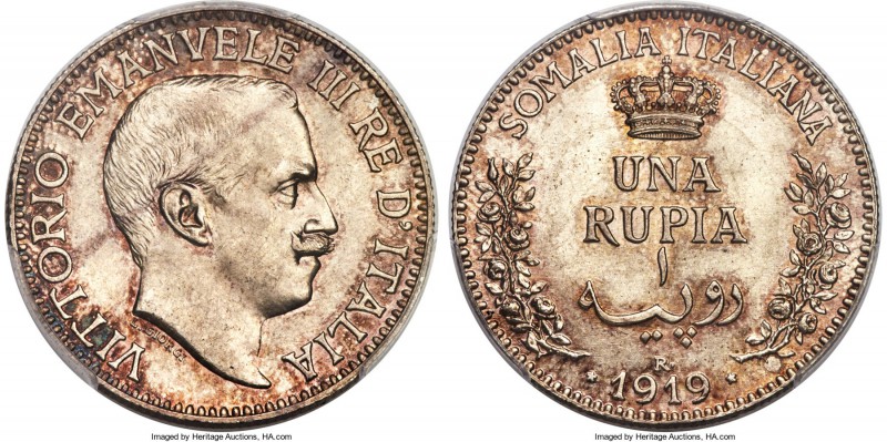 Italian Colony. Vittorio Emanuele III Rupia 1919-R MS64+ PCGS, Rome mint, KM6. D...