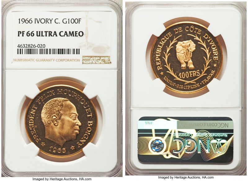 Republic gold Proof 100 Francs 1966 PR66 Ultra Cameo NGC, KM5. AGW 0.9259 oz.

H...