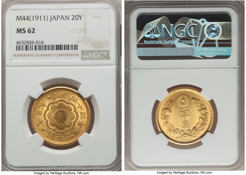 Meiji gold 20 Yen Year 44 (1911) MS62 NGC, Osaka mint, KM-Y34. Strikingly choice...