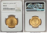 Meiji gold 20 Yen Year 44 (1911) MS62 NGC, Osaka mint, KM-Y34. Strikingly choice for the assigned grade, the glowing golden fields soft and luminous w...