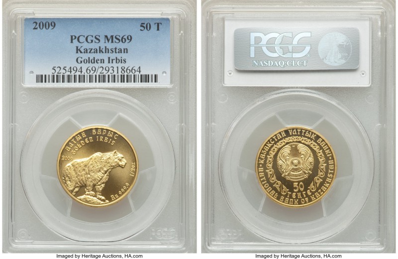 Republic gold "Golden Irbis" 50 Tenge 2009 MS69 PCGS, KM155. AGW 0.4994 oz.

HID...