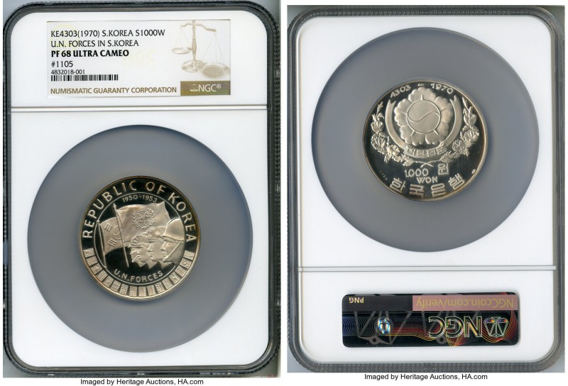 South Korea. Republic silver Proof 1000 Won KE 4303 (1970) PR68 Ultra Cameo NGC,...