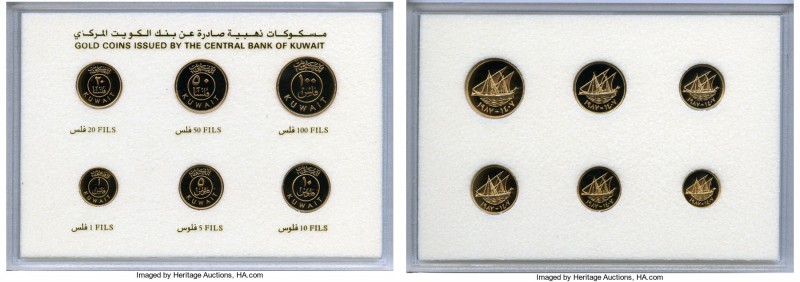 Jabir Ibn Ahmad gold 6-Piece Proof Set AH 1408 (1987), 1) Fils, KM9b 2) 5 Fils, ...