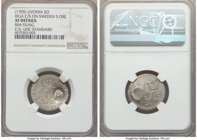Livonia. Riga Counterstamped Siege 5 Ore ND (1705) XF Details (Rim Filing) NGC, ...