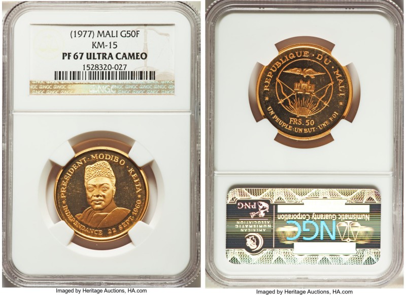 Republic gold Proof 50 Francs ND (1977) PR67 Ultra Cameo NGC, KM15. AGW 0.4630 o...
