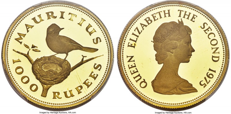 British Colony. Elizabeth II gold Proof "Mauritius Flycatcher" 1000 Rupees 1975 ...