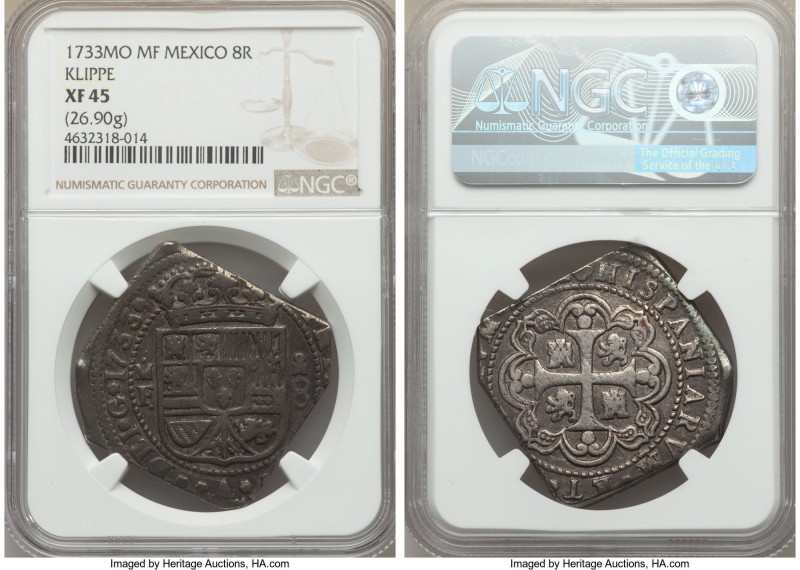 Philip V Klippe Cob 8 Reales 1733 Mo-MF XF45 NGC, Mexico City mint, 26.90gm, KM4...