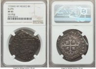 Philip V Klippe Cob 8 Reales 1733 Mo-MF XF45 NGC, Mexico City mint, 26.90gm, KM48. Very handsome for this highly sought-after, yet often crude, klippe...