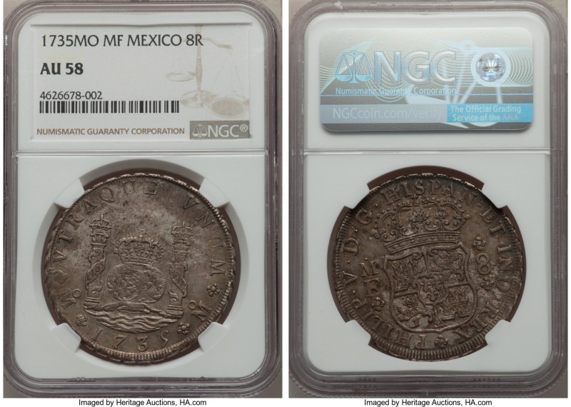 Philip V 8 Reales 1735 Mo-MF AU58 NGC, Mexico City mint, KM103. A lovely old wor...