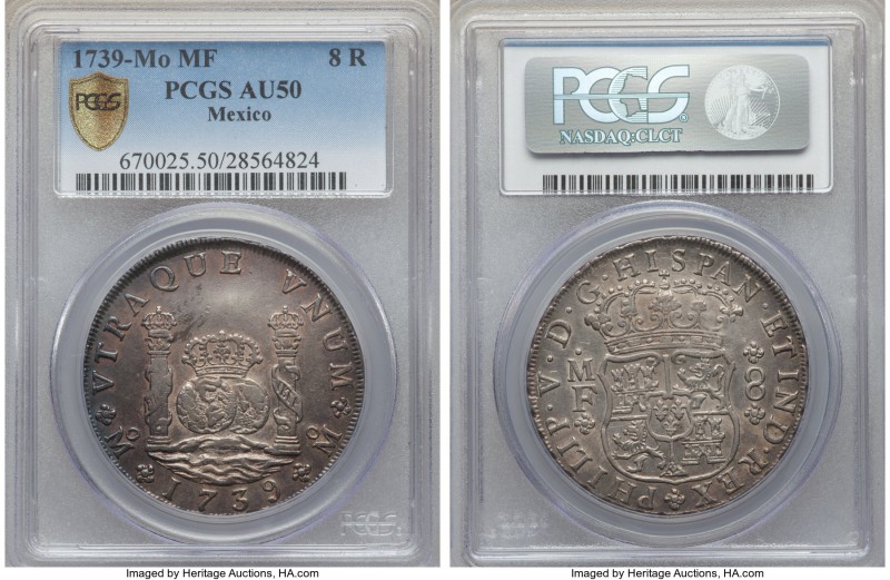 Philip V Pillar 8 Reales 1739 Mo-MF AU50 PCGS, Mexico City mint, KM103. A well d...