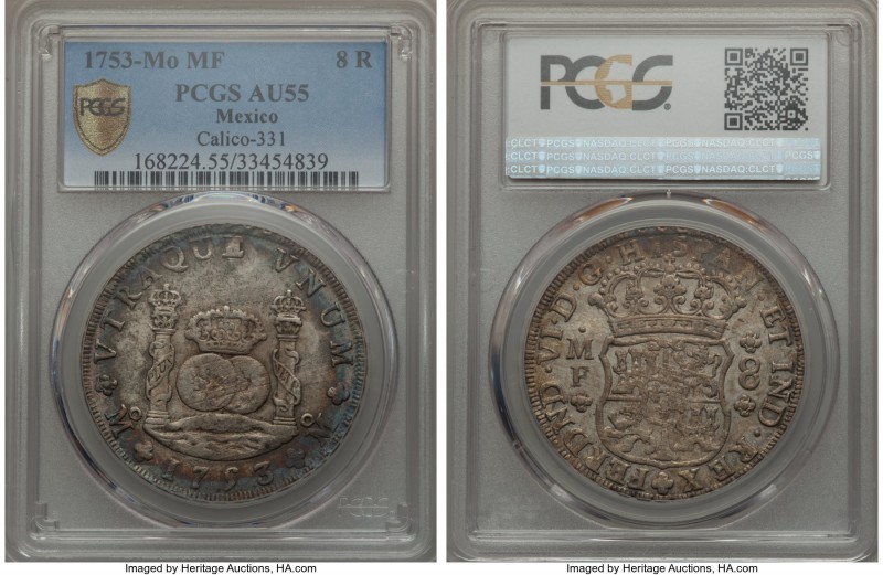 Ferdinand VI 8 Reales 1753 Mo-MF AU55 PCGS, Mexico City mint, KM104.1. A bold st...
