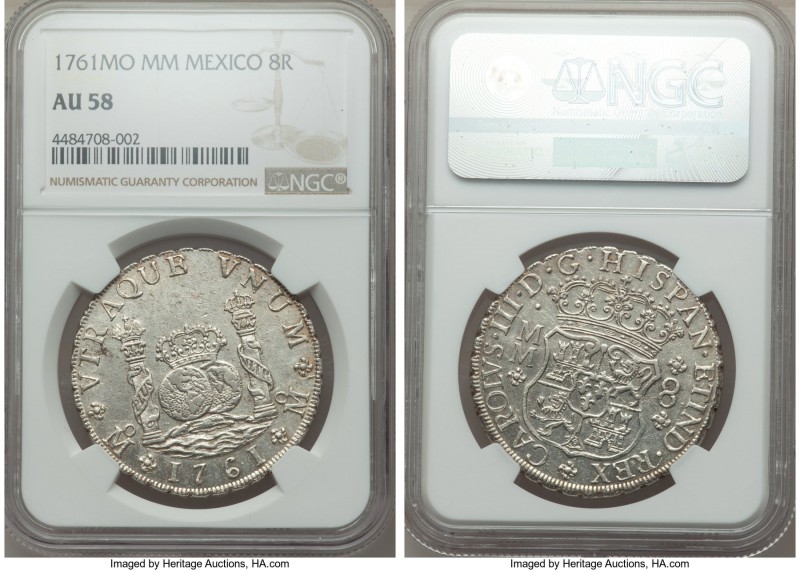 Charles III 8 Reales 1761 Mo-MM AU58 NGC, Mexico City mint, KM105. Tip of cross ...
